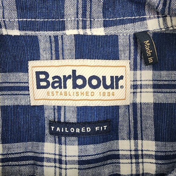 Barbour Shirt Mens Medium Check Tailored Fit Linen Blend L/S Blue Plaid Tartan - Picture 3 of 7
